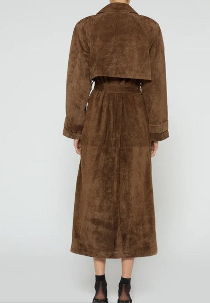 Women's Long Suede Coat with Adjustable Belt and Fashionable Collar NOVAE