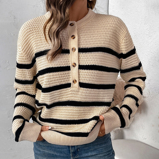Women's striped sweater with button placket in textured wool NOVAE