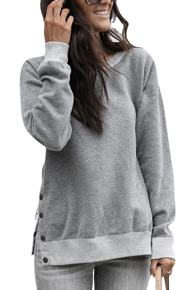 Women's Comfortable Sweatshirt with Button Details and Side Slits NOVAE