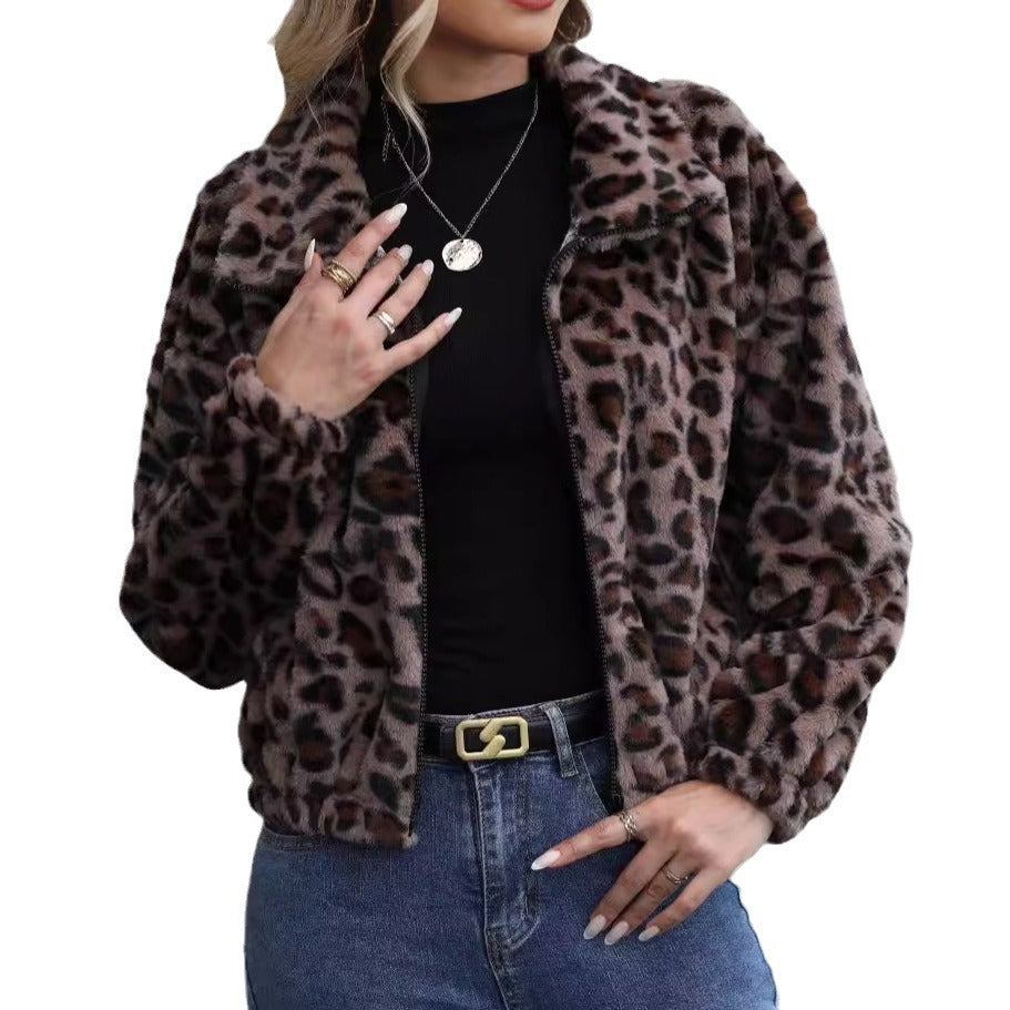 Women's cozy fleece jacket in leopard print NOVAE