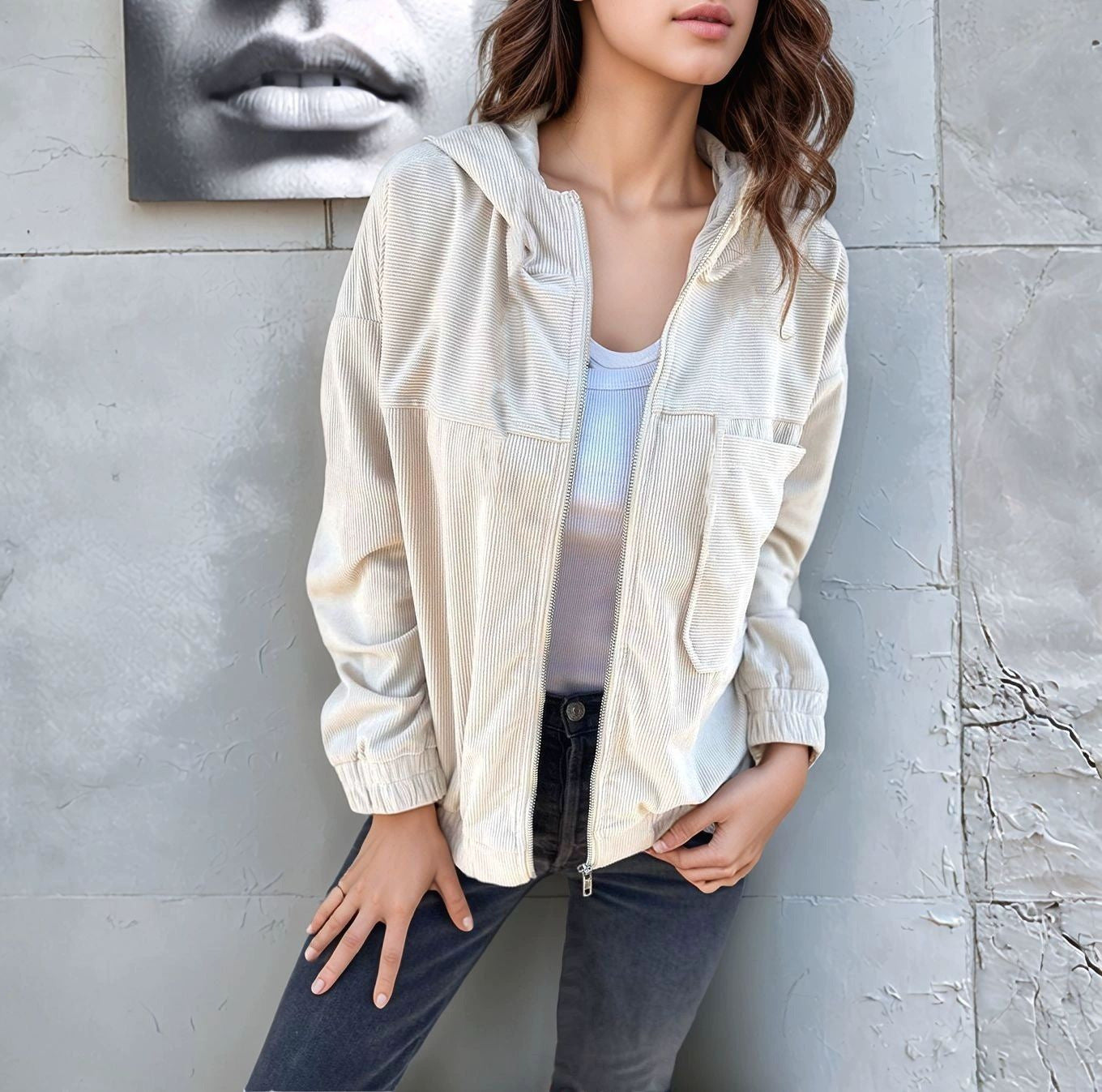 Women's casual corduroy jacket with practical pockets and elegant zipper NOVAE