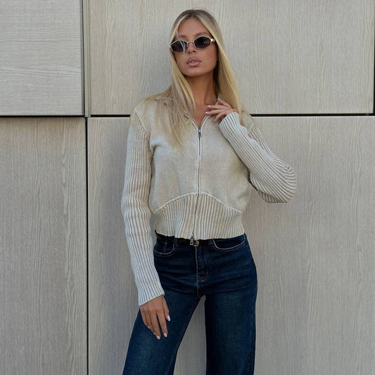 Women's short-sleeved cardigan with zipper and ribbed texture NOVAE