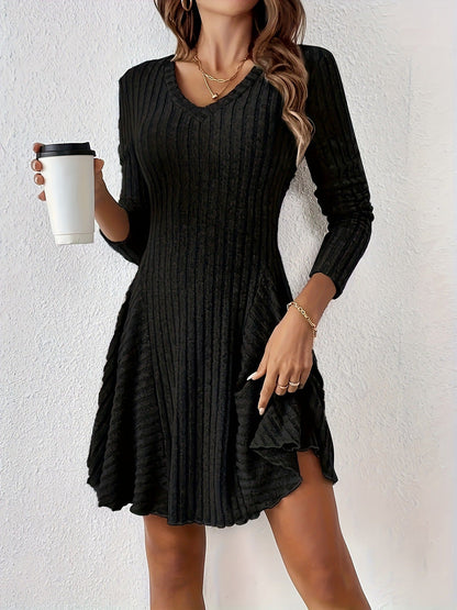 Women's V-neck dress with flared hem and long sleeves NOVAE