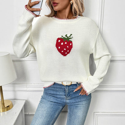 Women's knitted sweater with a fruity strawberry motif and a relaxed fit NOVAE