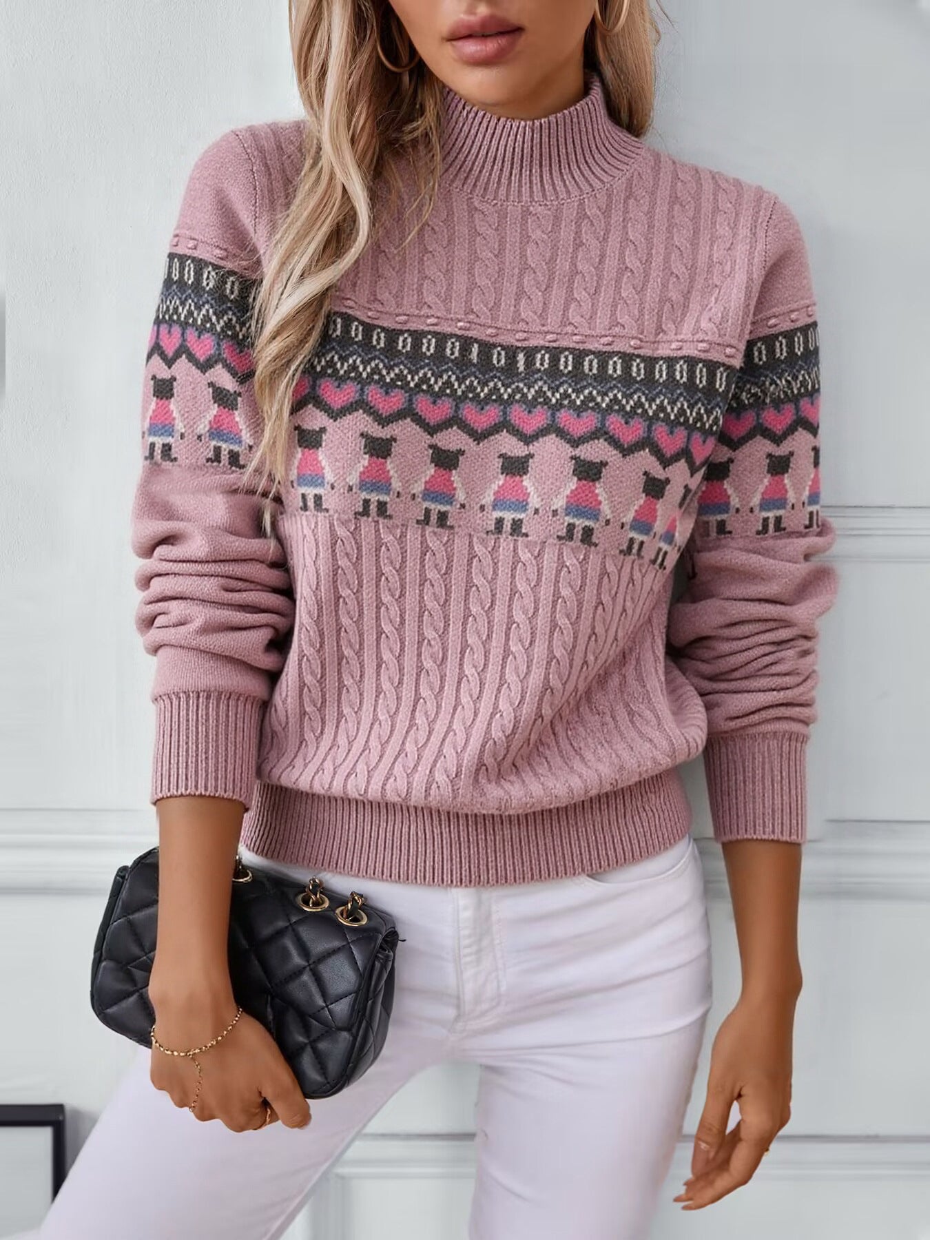 Women's knitted sweater with creative pattern and high collar NOVAE