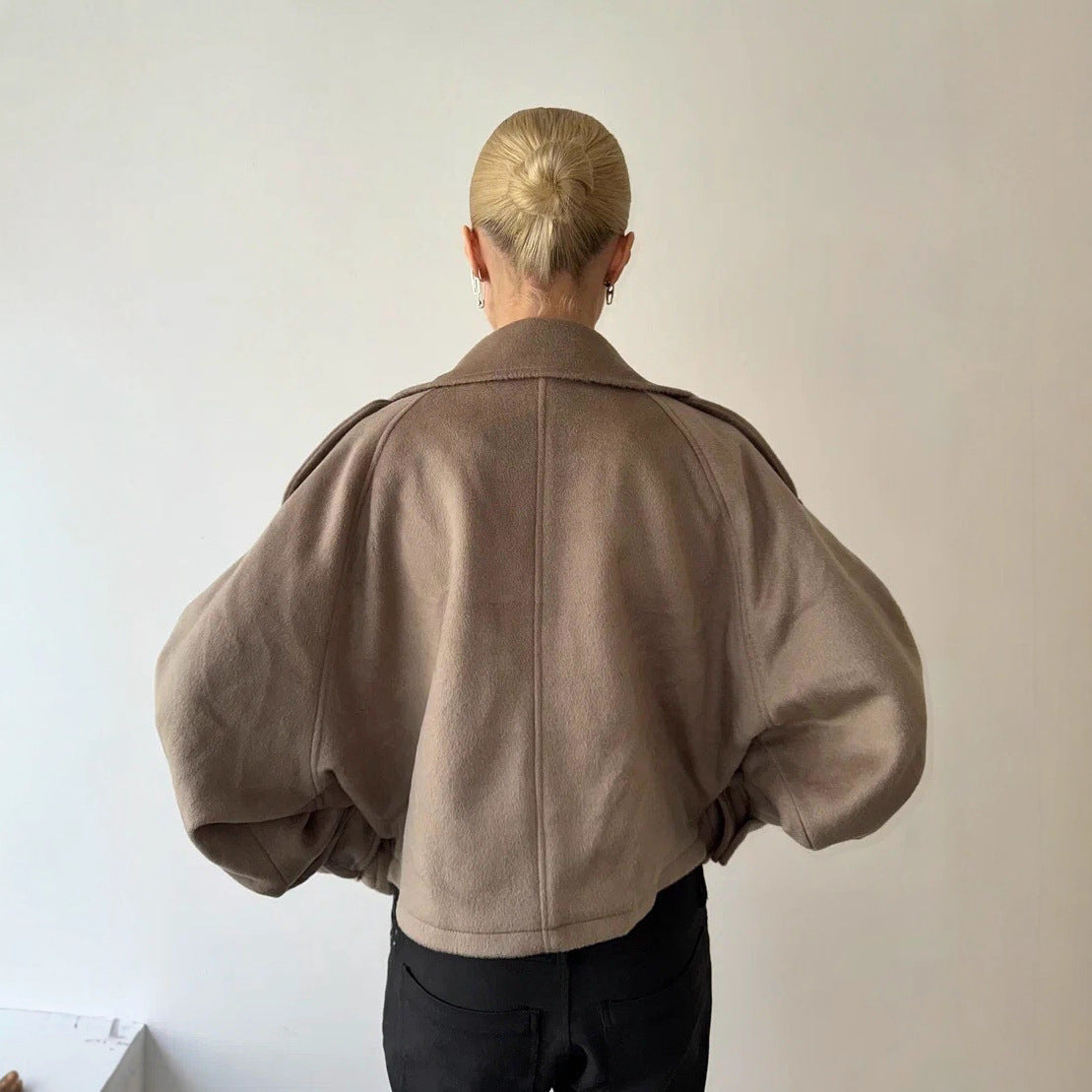 Women's fashionable wool jacket with high collar and button details NOVAE