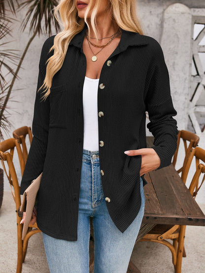 Women's Casual Waffle Pique Blouse Jacket with Practical Pockets and Button Closure NOVAE