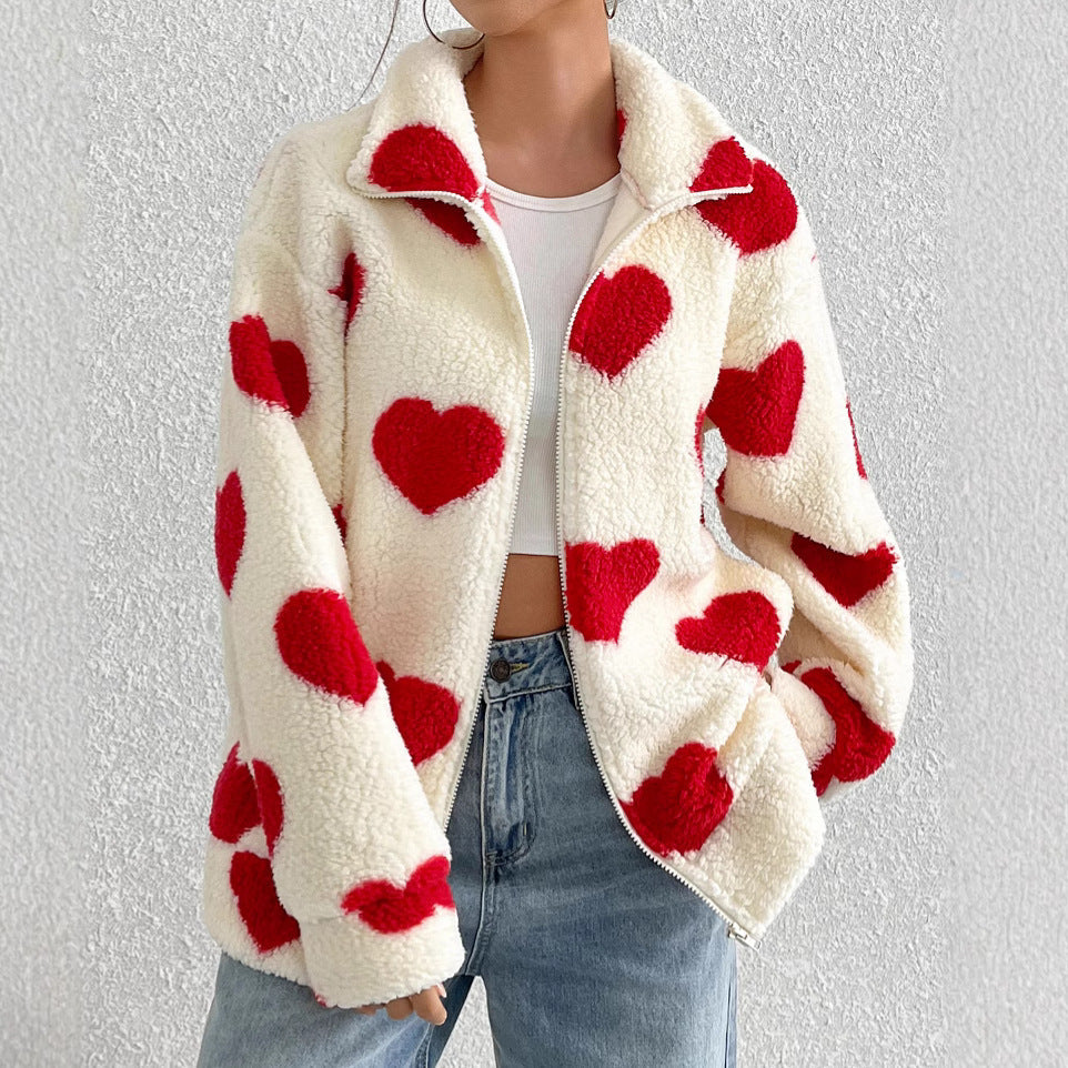 Women's Cozy Fleece Jacket with Heart Design NOVAE