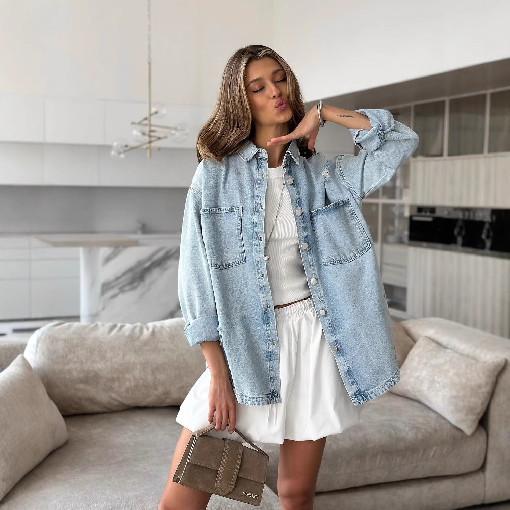 Women's denim jacket with a casual oversized cut and destructive details NOVAE