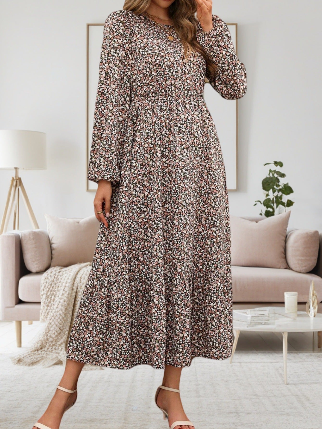 Women's midi dress with elasticated waistband and floral pattern NOVAE