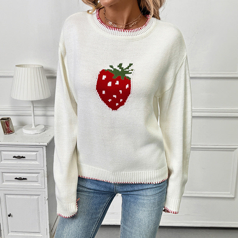 Women's knitted sweater with a fruity strawberry motif and a relaxed fit NOVAE