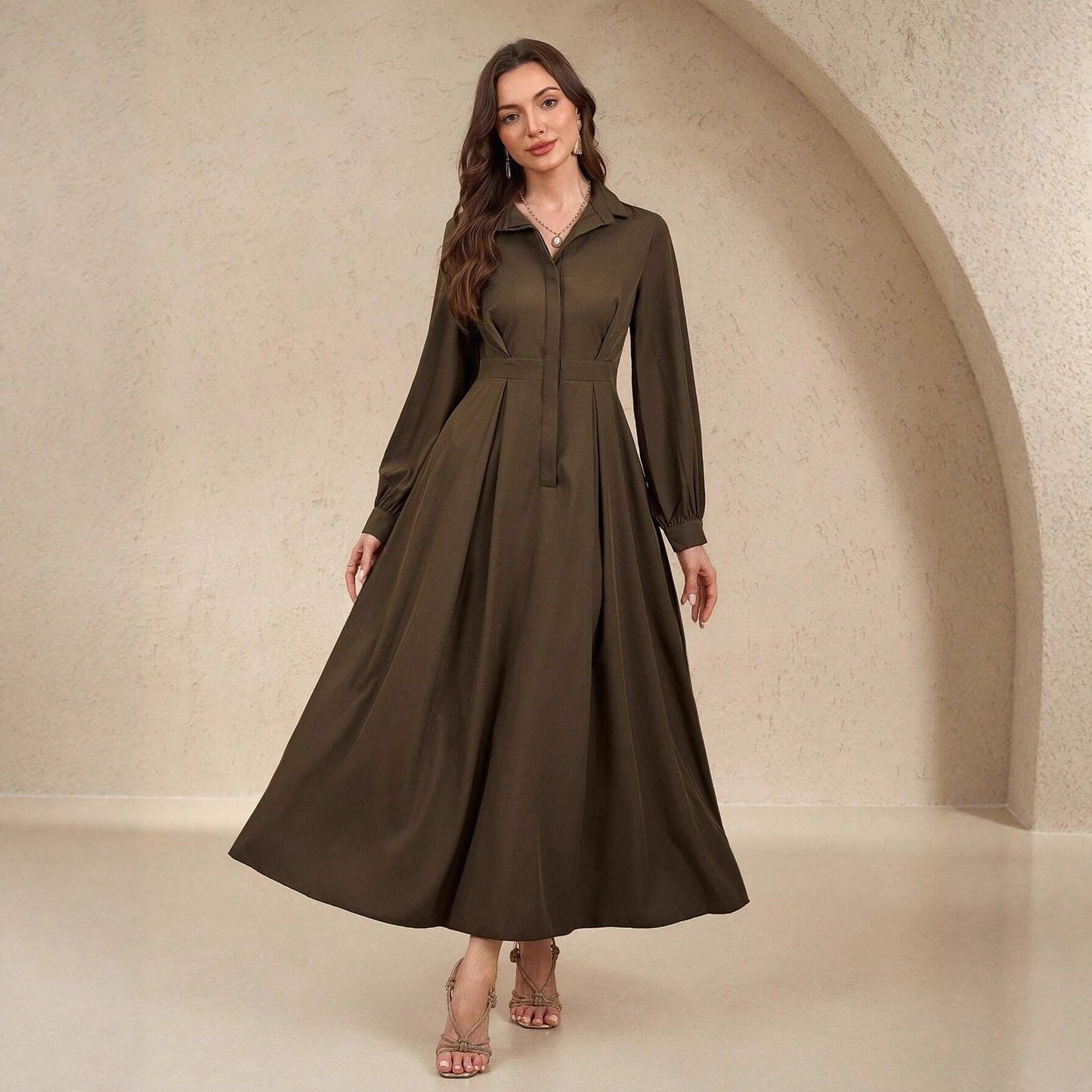 Women's Elegant Shirt Dress with Swinging Skirt and Practical Pockets NOVAE