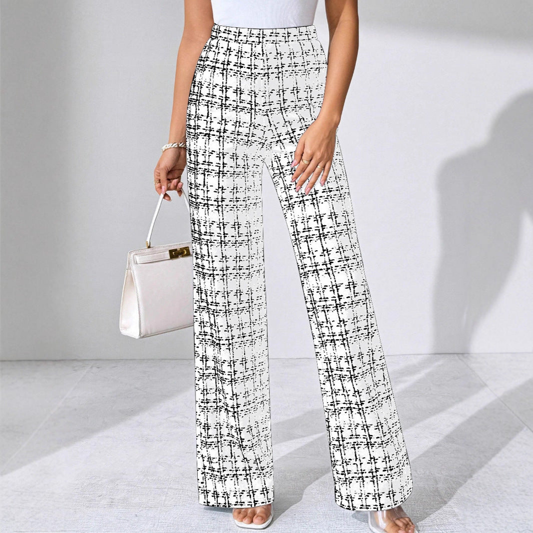 Women's High-Waisted Palazzo Trousers with Textured Check Pattern NOVAE
