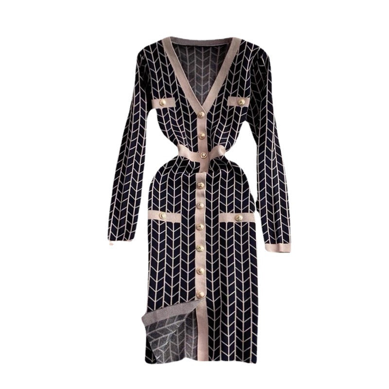 Women's knitted dress with button detailing and V-neck NOVAE