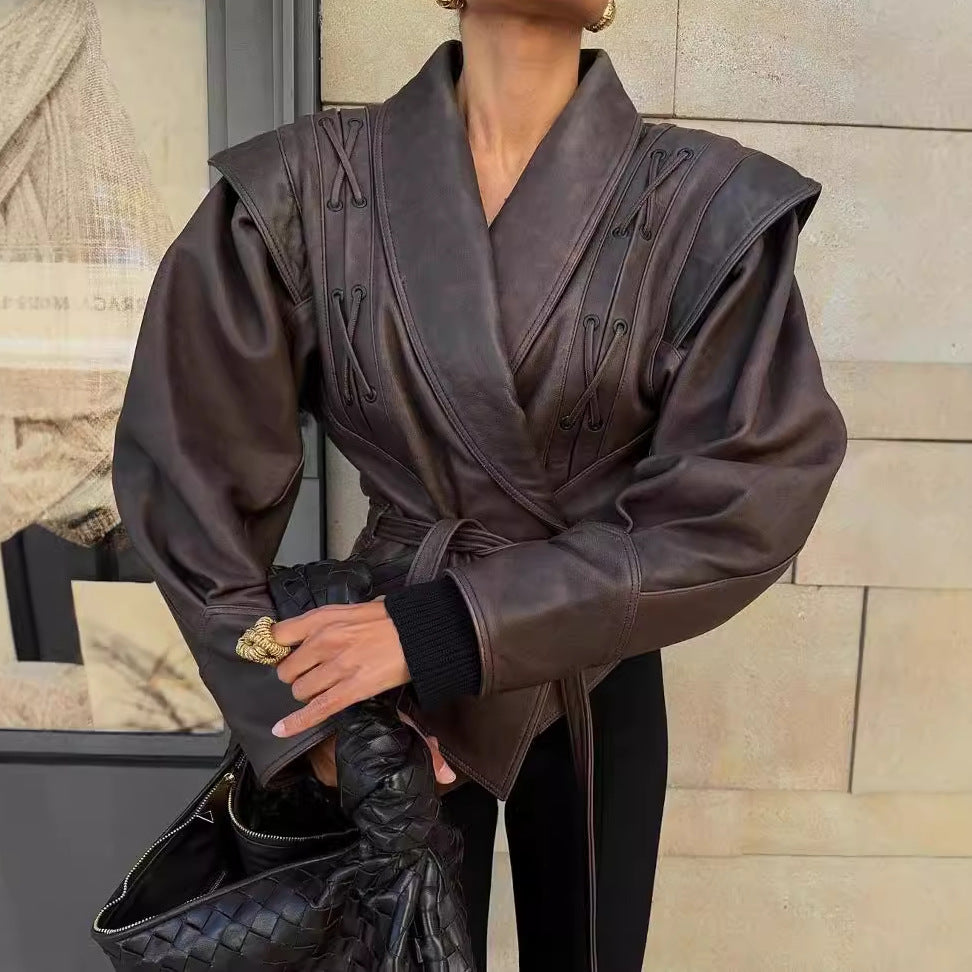 Women's stylish faux leather jacket with draping and adjustable belt NOVAE