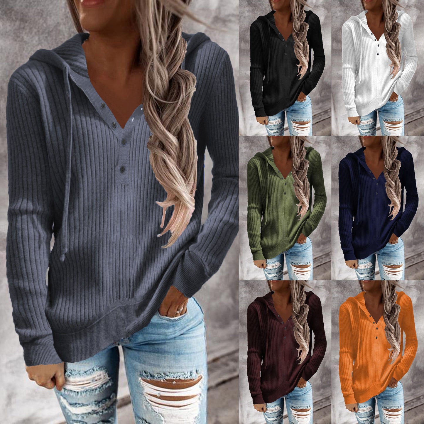 Women's Comfortable Striped Hoodie with Button Placket NOVAE