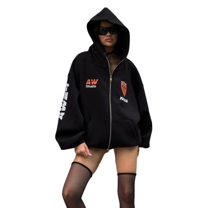 Women's oversized hooded jacket with graphic racing design NOVAE