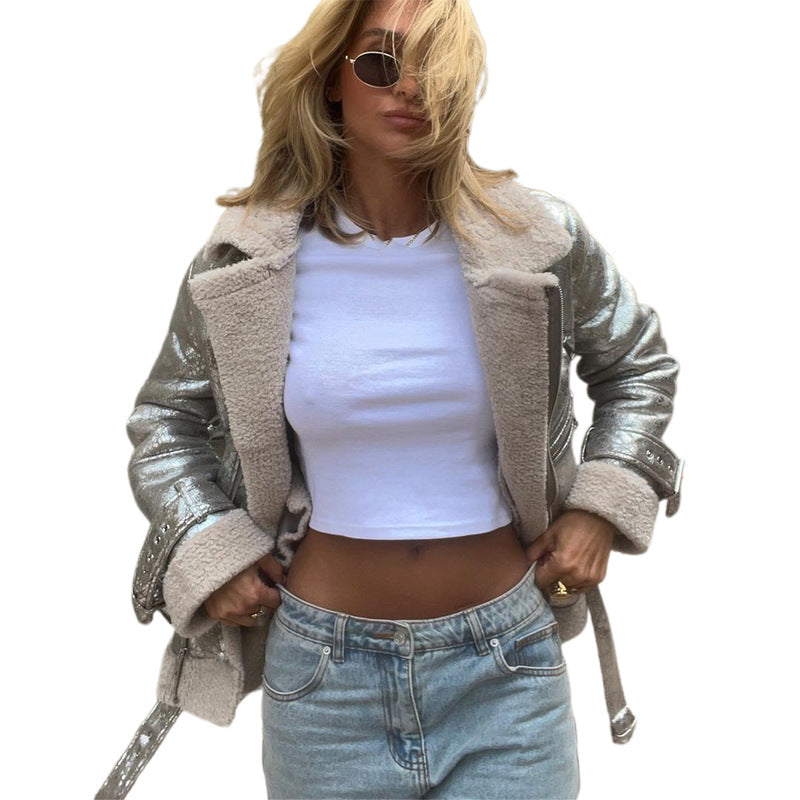 Women's fashionable transitional jacket with luxurious faux fur trim and glossy finish NOVAE