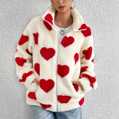 Women's Cozy Fleece Jacket with Heart Design NOVAE