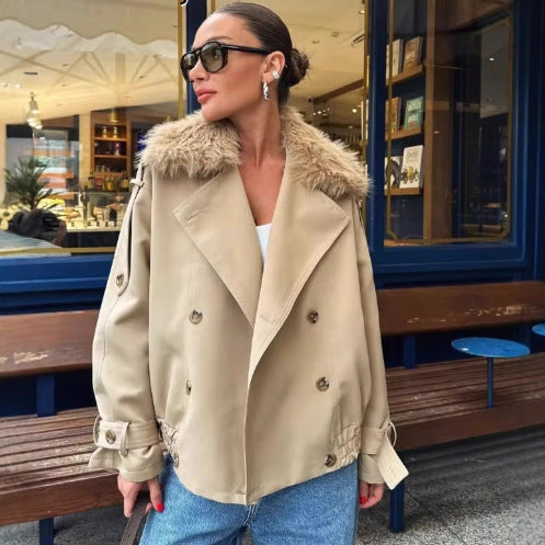 Women's fashionable transitional jacket with detachable fur collar NOVAE