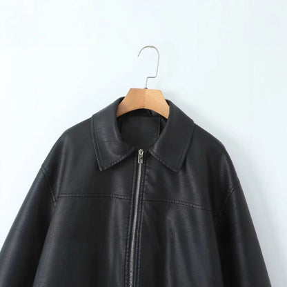 Women's casual leather jacket with elasticated hem and practical pockets NOVAE