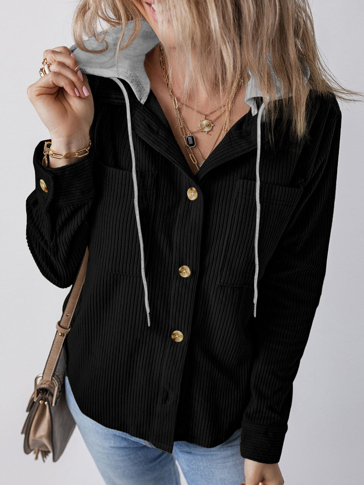 Women's Casual Long Jacket with Hood and Button Details NOVAE