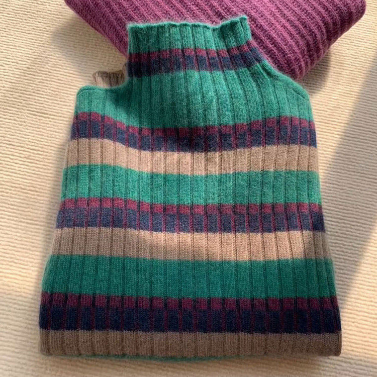 Women's ribbed knit sweater with high collar and fashionable striped pattern NOVAE
