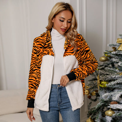 Women's plush jacket in tiger design with high collar and side pockets NOVAE
