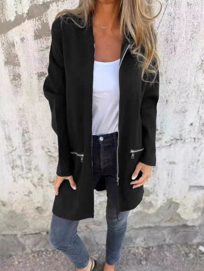 Women's casual long jacket with practical zipper and side pockets NOVAE