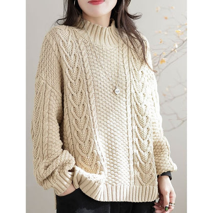 Women's chunky knit sweater with high collar and cable pattern NOVAE