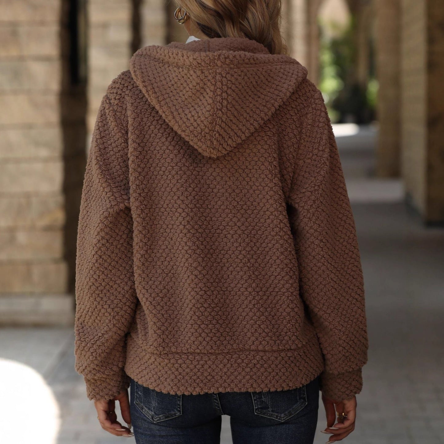 Women's Plush Fleece Jacket with Hoodie and Pockets NOVAE