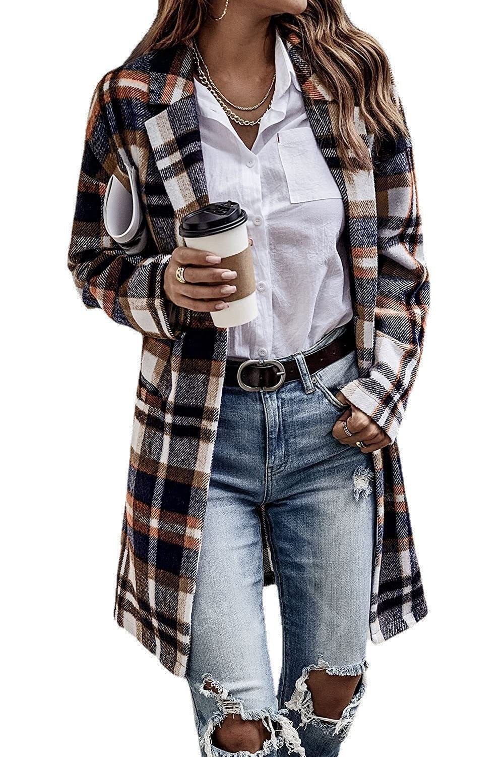 Women's Checked Oversized Coat with Stylish Pockets and Turn-Down Collar NOVAE