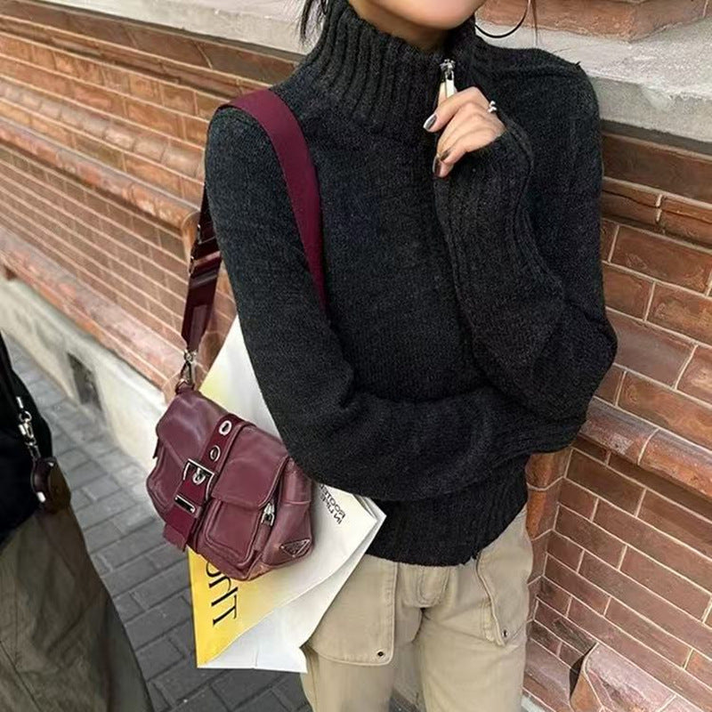 Women's knit sweater with high stand-up collar and ribbed texture NOVAE