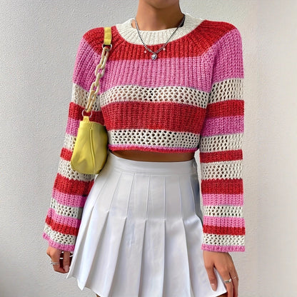 Women's knitted sweater with playful openwork pattern and colorful stripes NOVAE