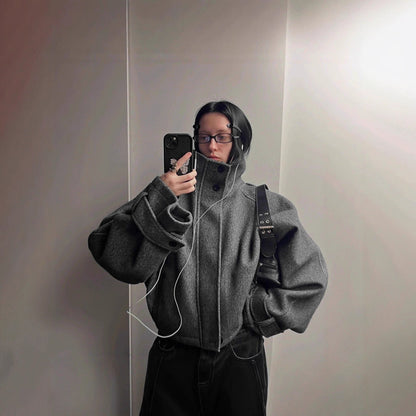 Women's fashionable wool jacket with high collar and button details NOVAE