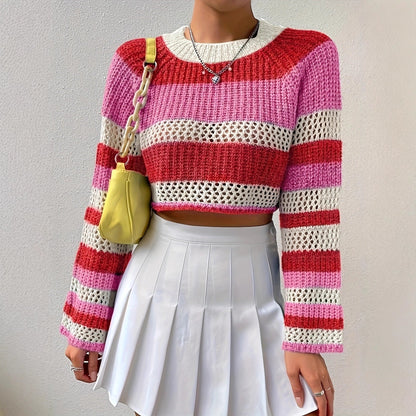 Women's knitted sweater with playful openwork pattern and colorful stripes NOVAE