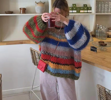 Women's Cozy Knit Sweater with Wide Flared Sleeves and Colorful Stripe Pattern NOVAE