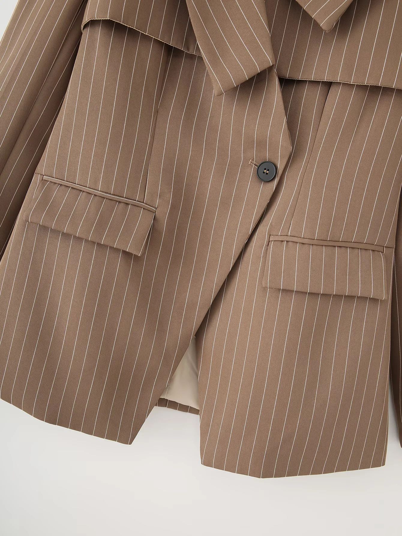 Women's fashionable blazer jacket with asymmetrical collar and elegant pinstripes NOVAE