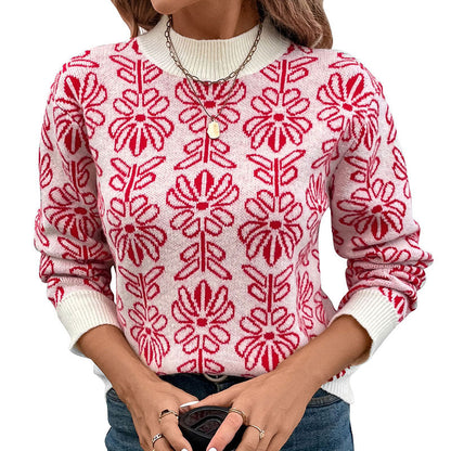 Women's knitted sweater with floral patterns and elegant stand-up collar NOVAE