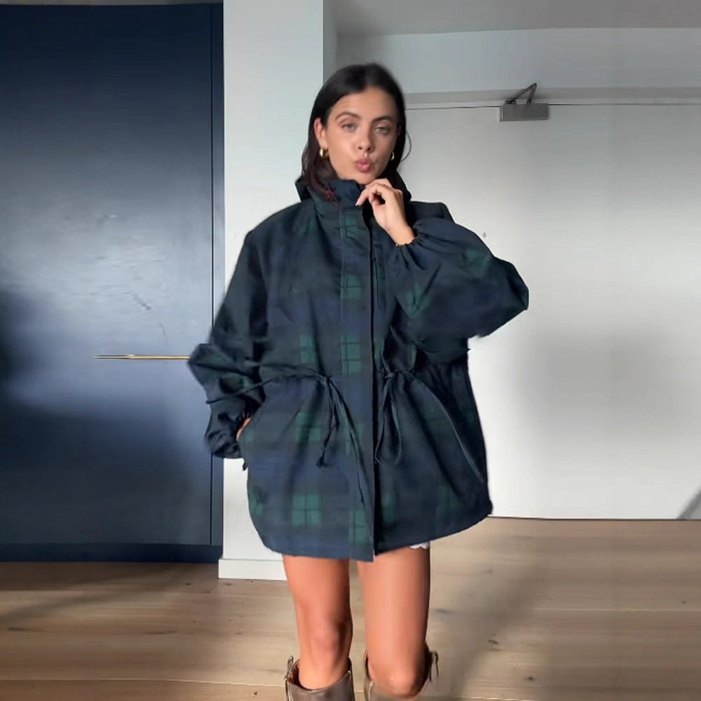 Women's oversized jacket in a casual plaid design with practical pockets and drawstring waist NOVAE