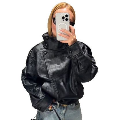 Women's elegant and voluminous leather jacket with stand-up collar NOVAE
