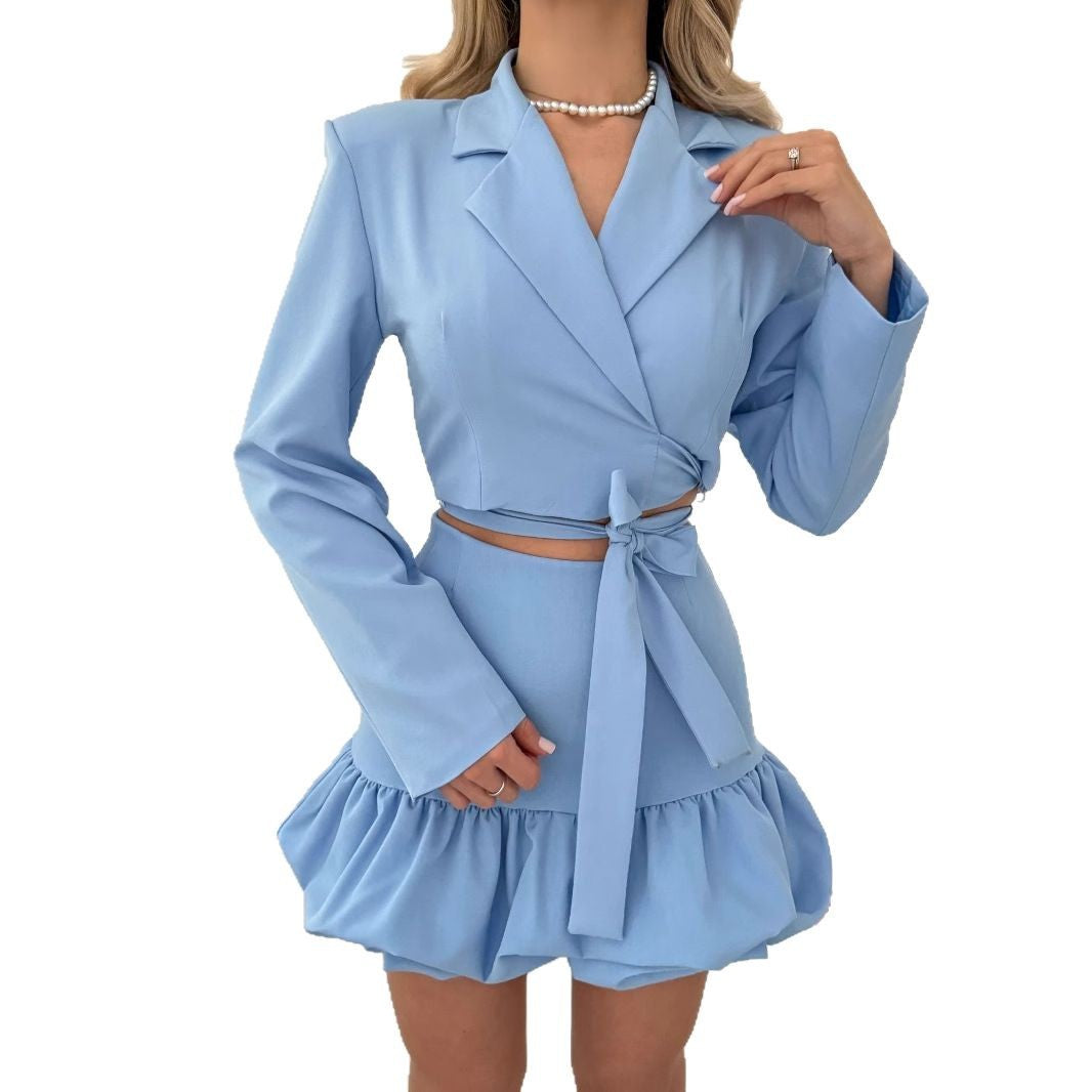 Women's elegant blazer and skirt set with ruffle details NOVAE