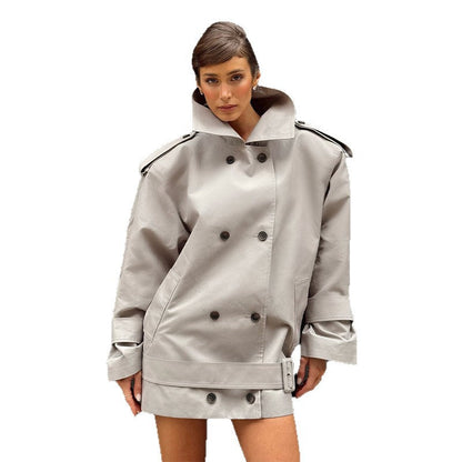 Women's Urban Trench Coat with High Collar and Double Button Placket NOVAE