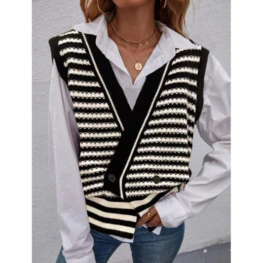 Women's knitted vest with fashionable striped pattern and double button closure NOVAE