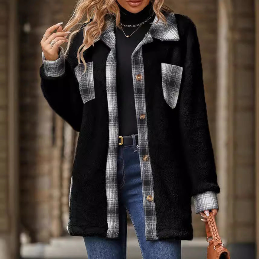 Women's fleece jacket with checked accents and practical cut NOVAE