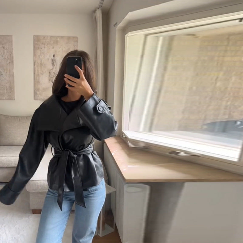 Women's Fashionable Cropped Leather Jacket with Double Button Placket and Wide Collar NOVAE