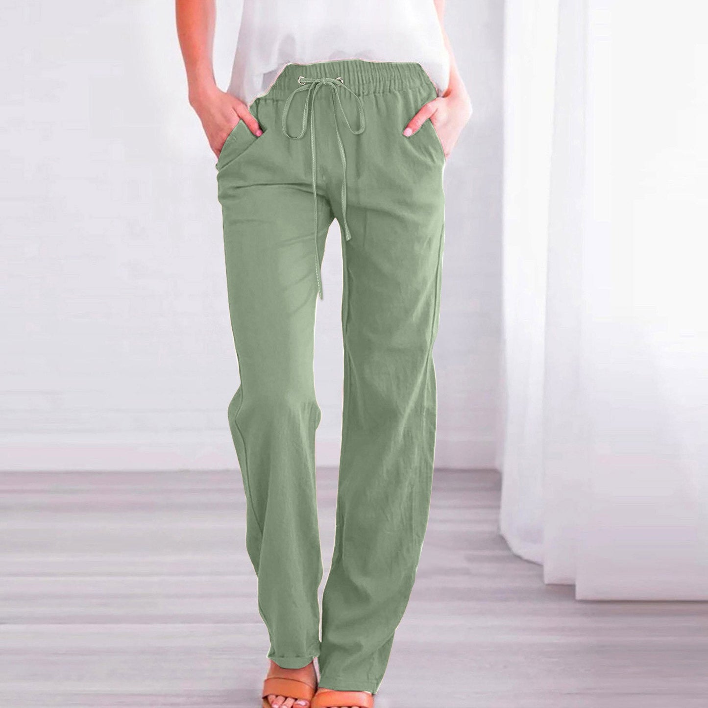 Women's Comfortable Linen Trousers with Elastic Waistband and Pockets NOVAE
