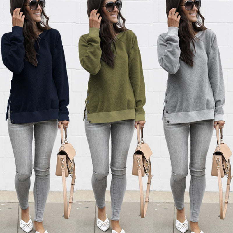 Women's Comfortable Sweatshirt with Button Details and Side Slits NOVAE