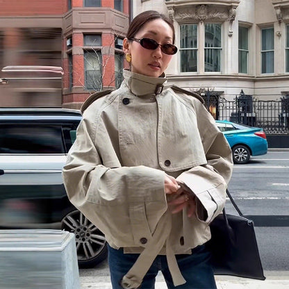 Women's fashionable short jacket with high collar and waist belt NOVAE