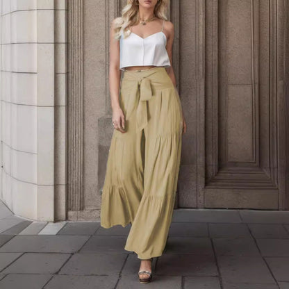 Women's wide-leg high-waisted trousers with elegant pleats and tie belt NOVAE